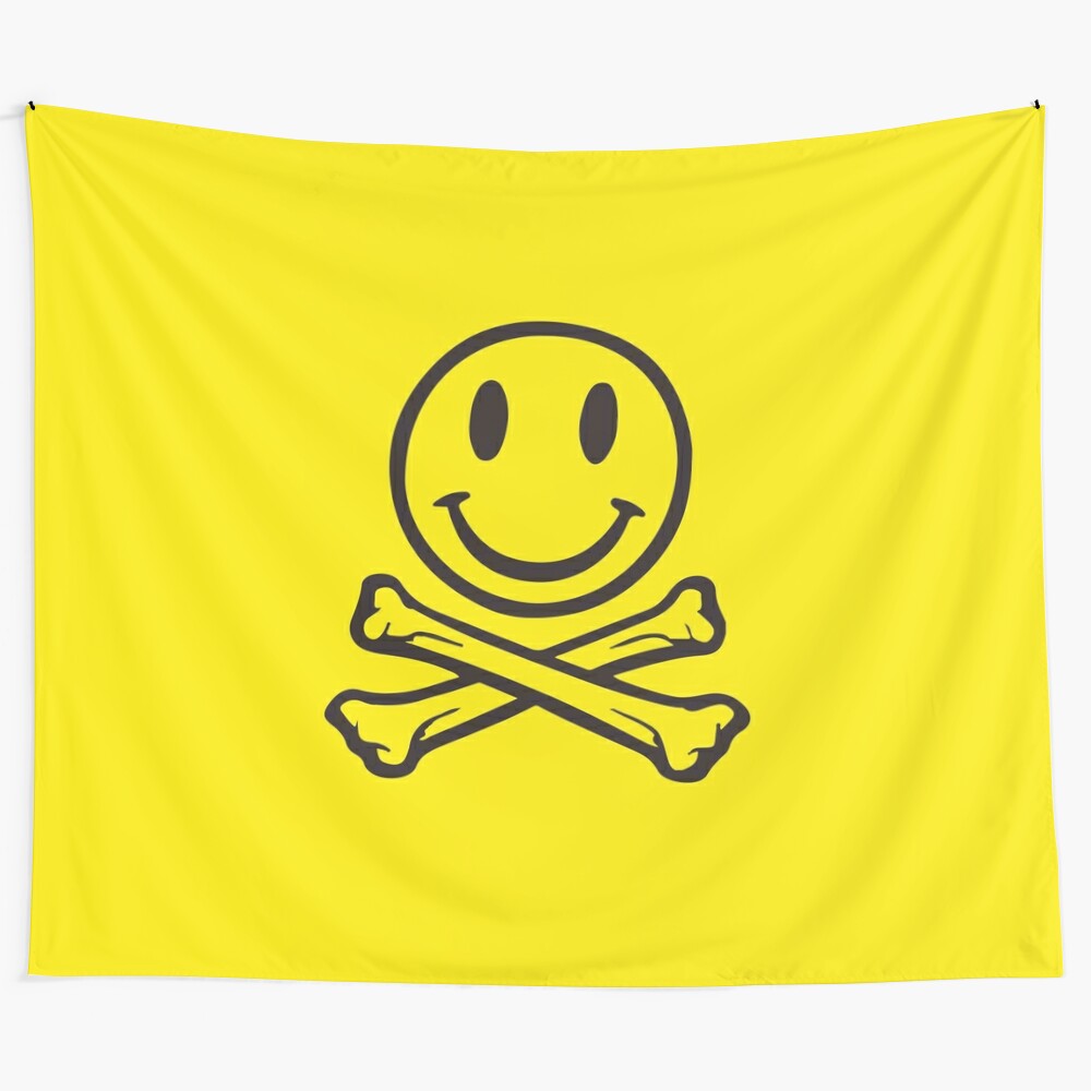 Acid house smile face with crossed bones tapestry design for electronic music fans and DJs