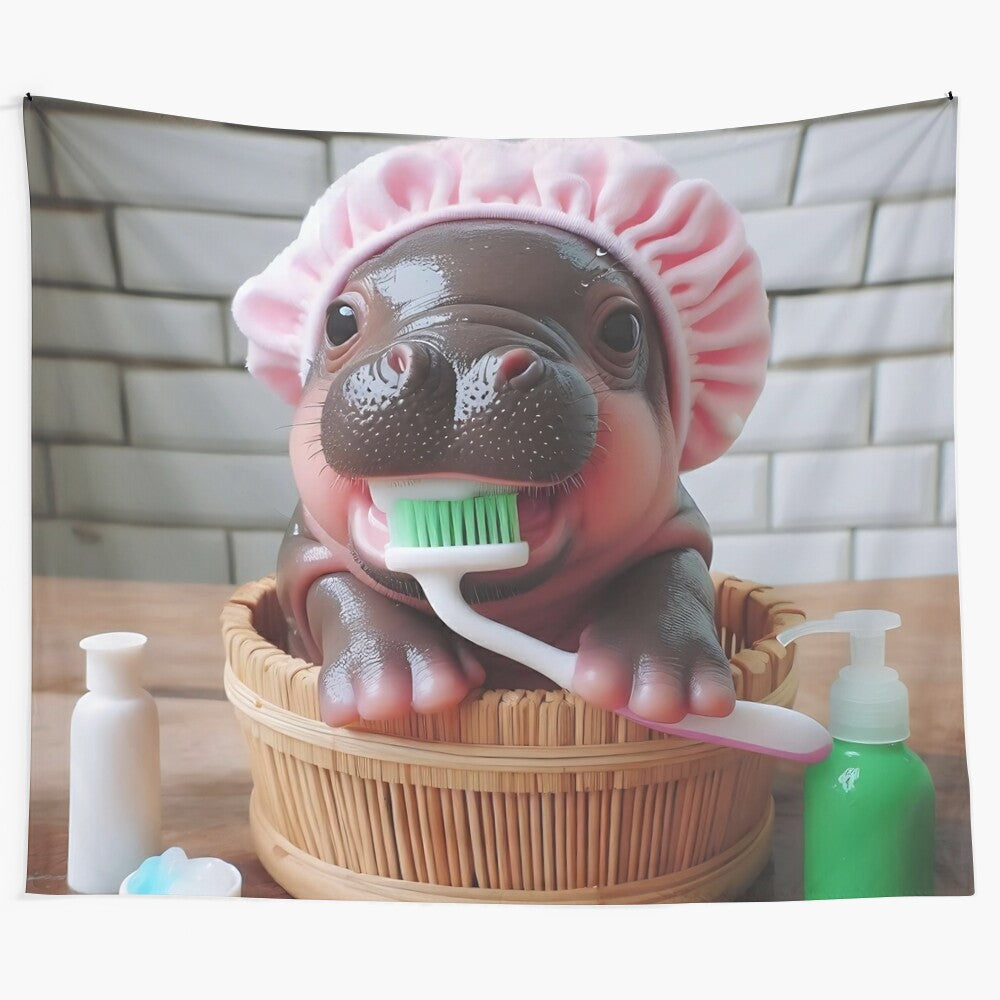 Cute hippo in a pastel pink bath time scene tapestry