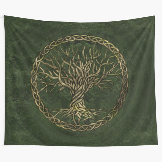 Yggdrasil tapestry featuring the sacred tree of life in shades of green and gold