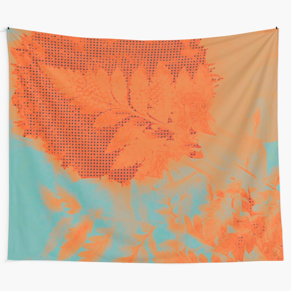 Vibrant sunflower tapestry with leaves, blue and orange accents, and a halftone, vintage style