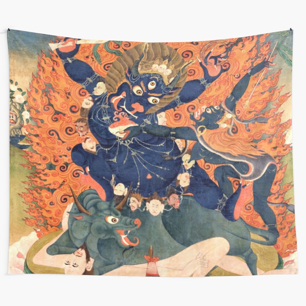 Yama Dharmaraja, the Buddhist deity, depicted on a handcrafted tapestry