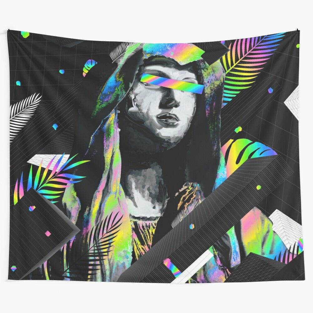 Distorted Pray Palm Tapestry with Glitchy, Iridescent, and Abstract Patterns