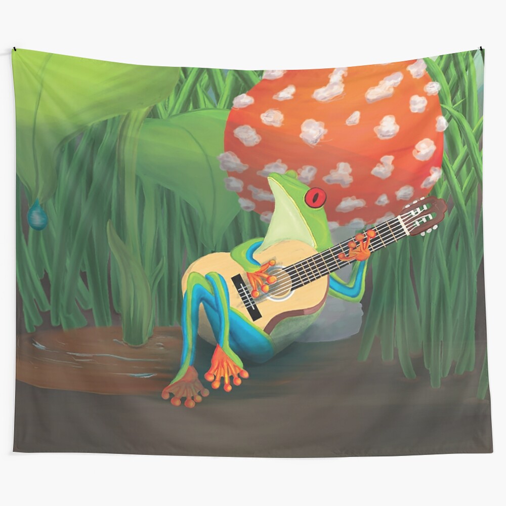 Singing green frog sitting on a mushroom in a colorful, psychedelic tapestry design