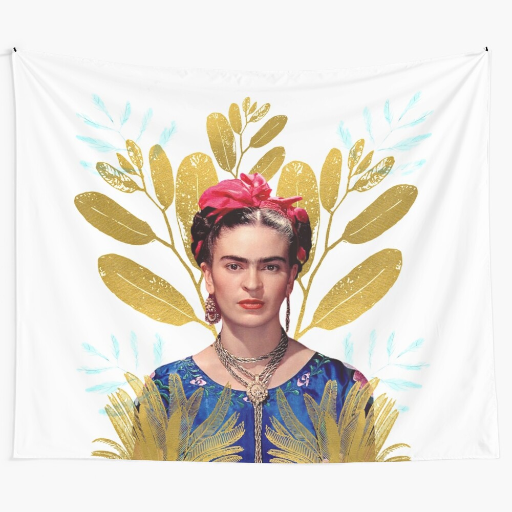 Vibrant collage artwork featuring Frida Kahlo's iconic portrait surrounded by colorful floral watercolor elements