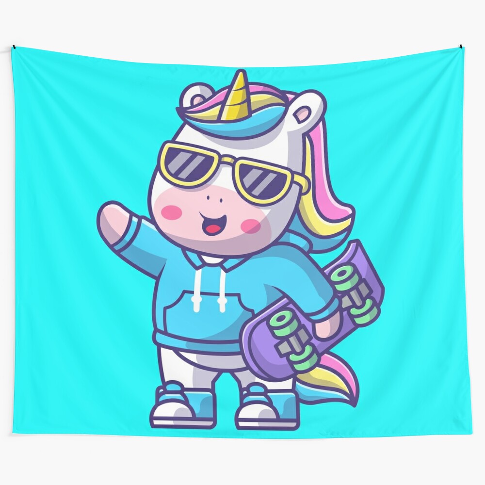 Colorful unicorn with skateboard tapestry wall hanging