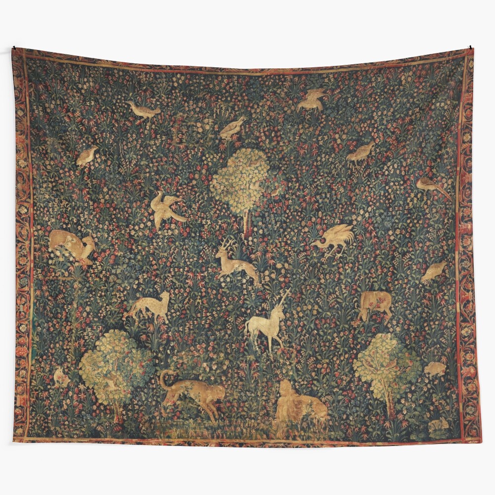 Millefleurs tapestry with unicorn, medieval bestiary animals, and vibrant floral design