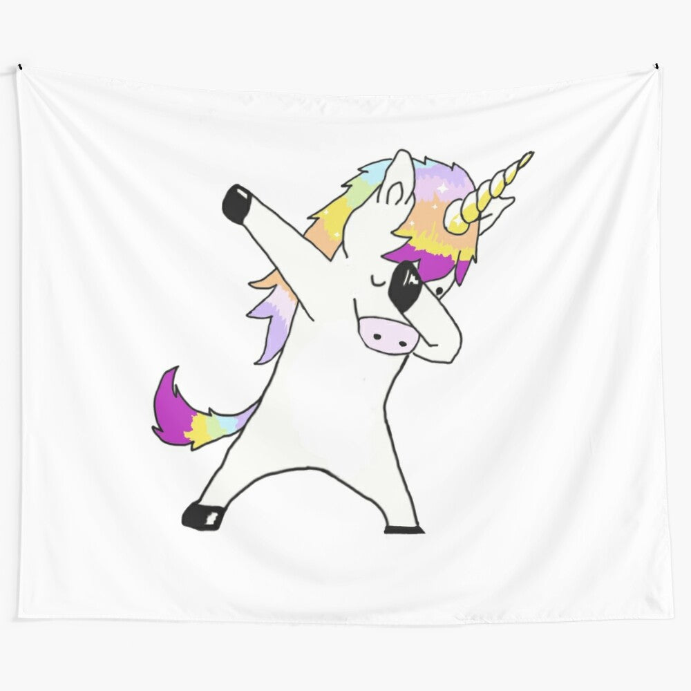 Dabbing unicorn in a classic dab pose printed on a colorful tapestry