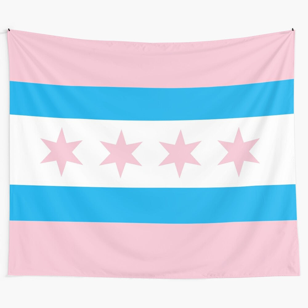 Colorful tapestry featuring the trans pride flag design with the Chicago skyline