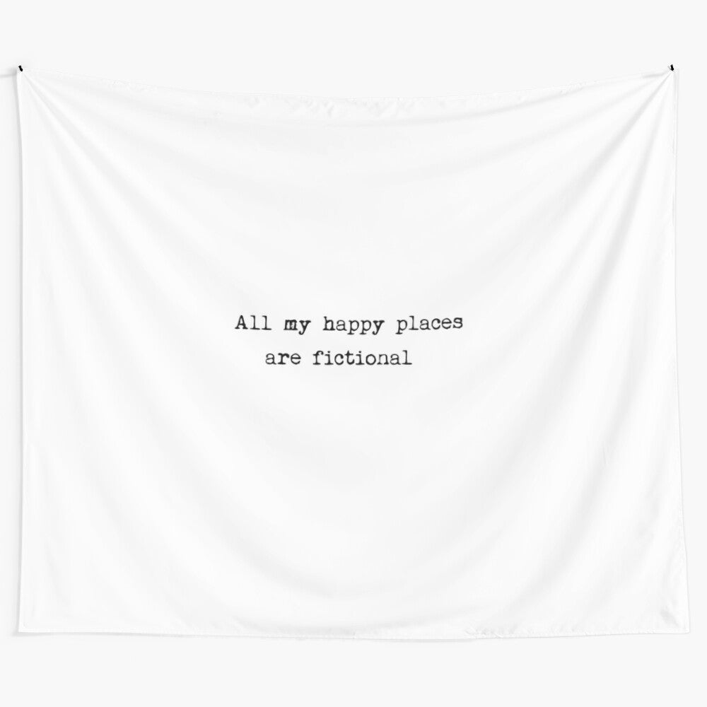 Fictional Happy Places Tapestry featuring a typewriter font and clean simple text