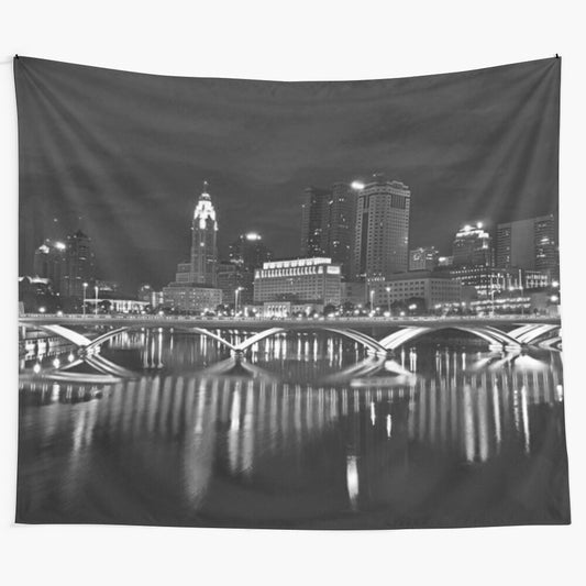 Black and white tapestry featuring the Columbus, Ohio skyline