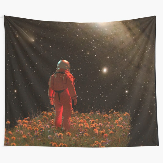 Departure Tapestry featuring a surreal cosmic landscape with an astronaut