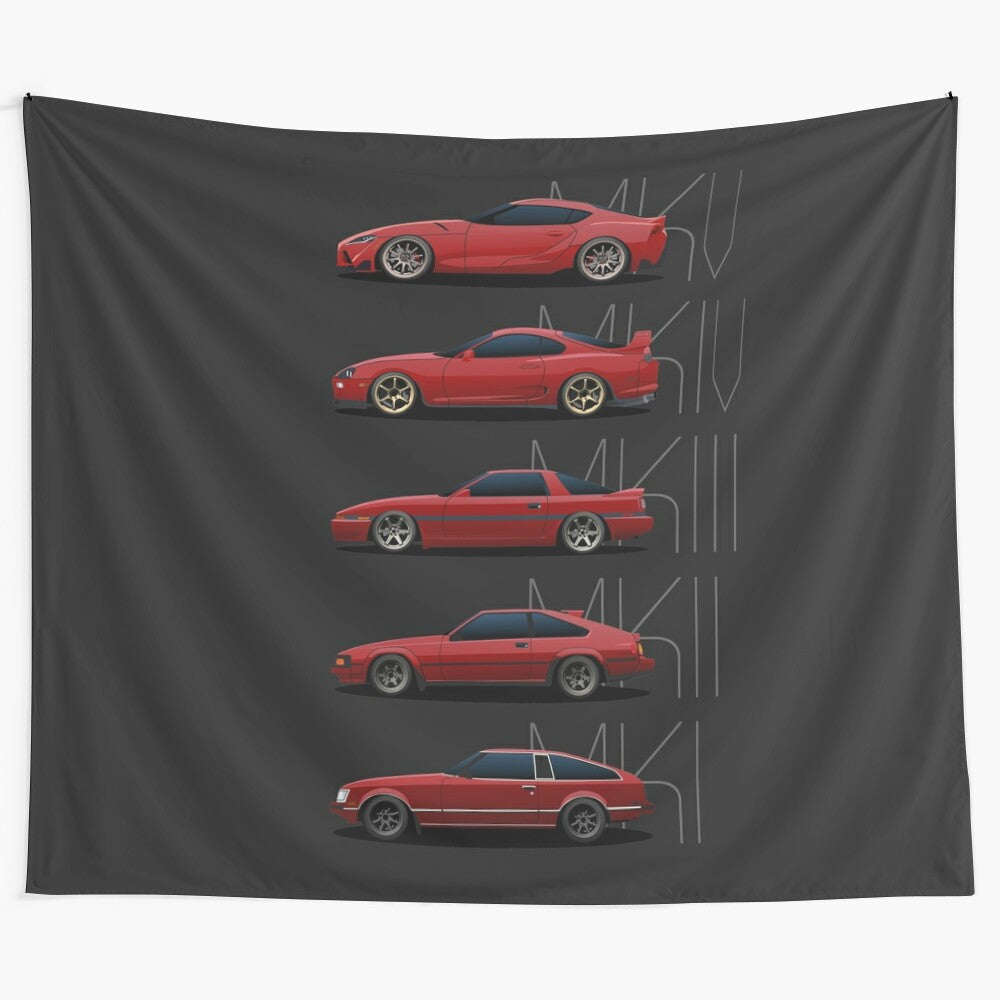 Toyota Supra generations tapestry featuring iconic models and engines