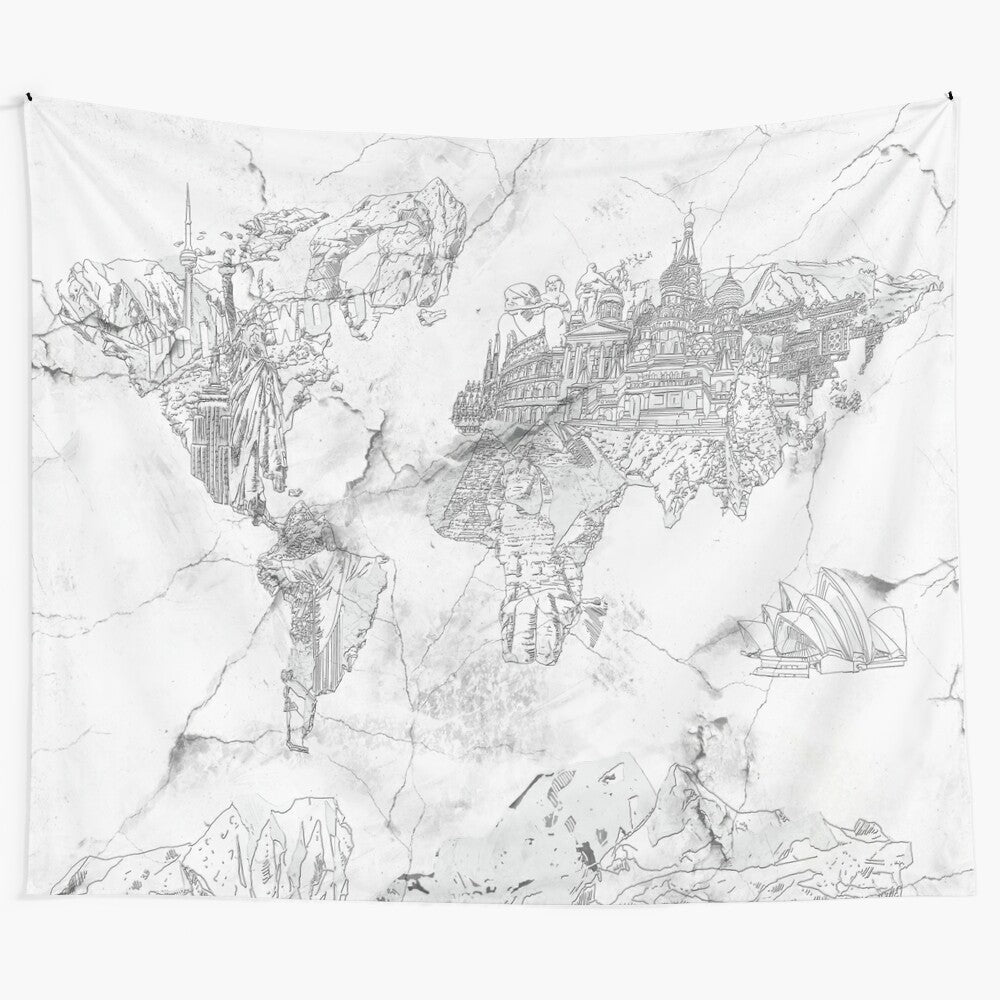 Marble textured world map tapestry artwork