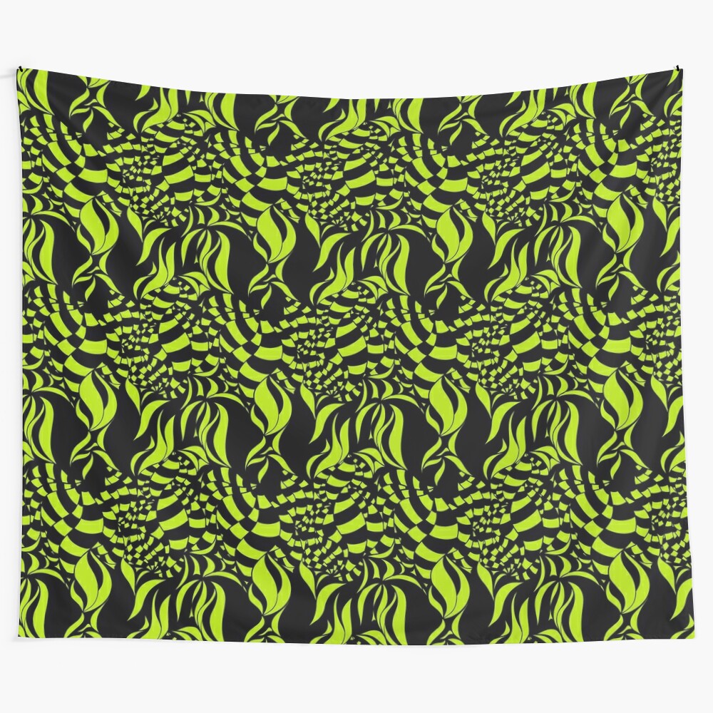 Psychedelic lime green and black pattern tapestry with a trippy, abstract design