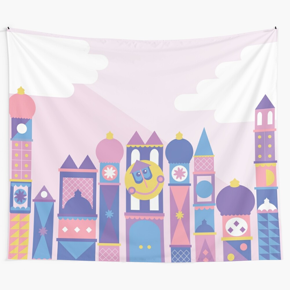 Pastel-colored tapestry depicting the iconic "It's a Small World" ride from Disney parks