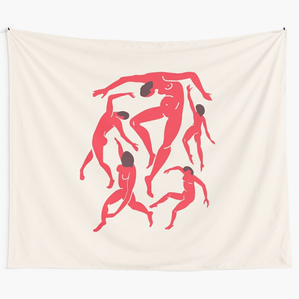 Vibrant red tapestry inspired by Henri Matisse's "The Dance" abstract artwork