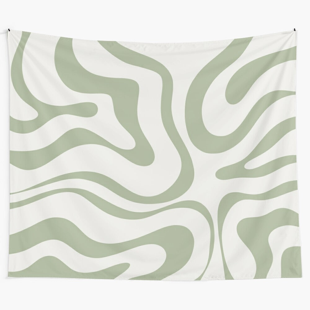 Sage green tapestry with abstract, modern liquid swirl pattern