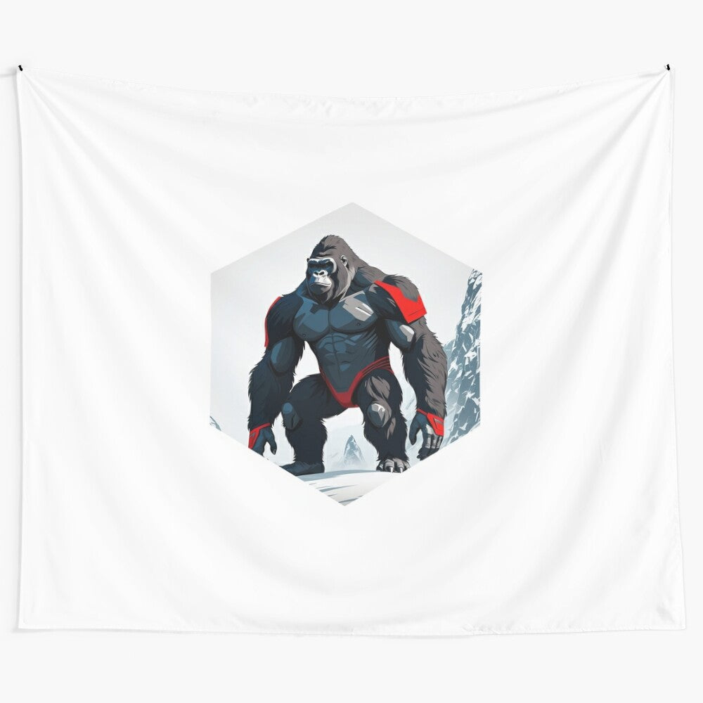 Minimalist tapestry depicting a gorilla superhero on a slope in nature