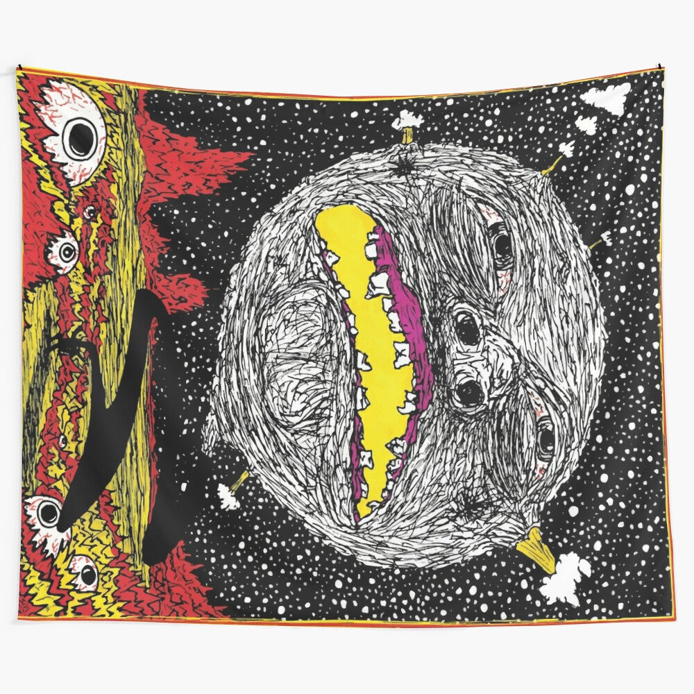 Psychedelic moon man tapestry with cosmic and trippy elements