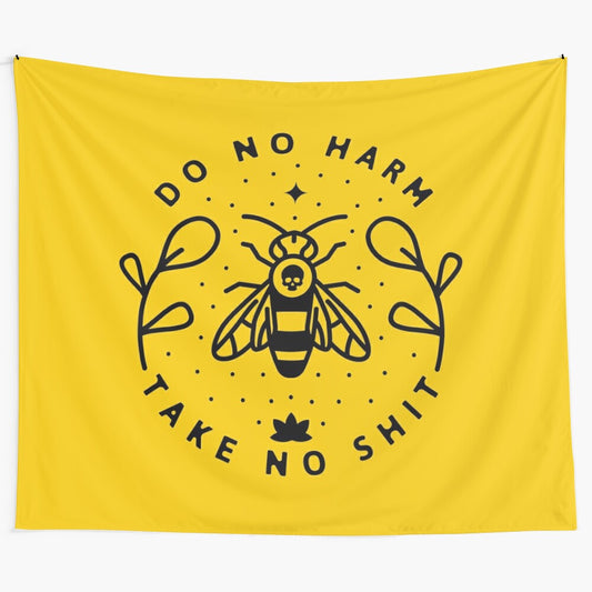 Honey bee tapestry with skull design, representing the message "do no harm"