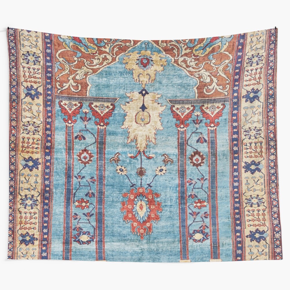 Antique Persian silk rug tapestry print with vibrant floral and tribal pattern