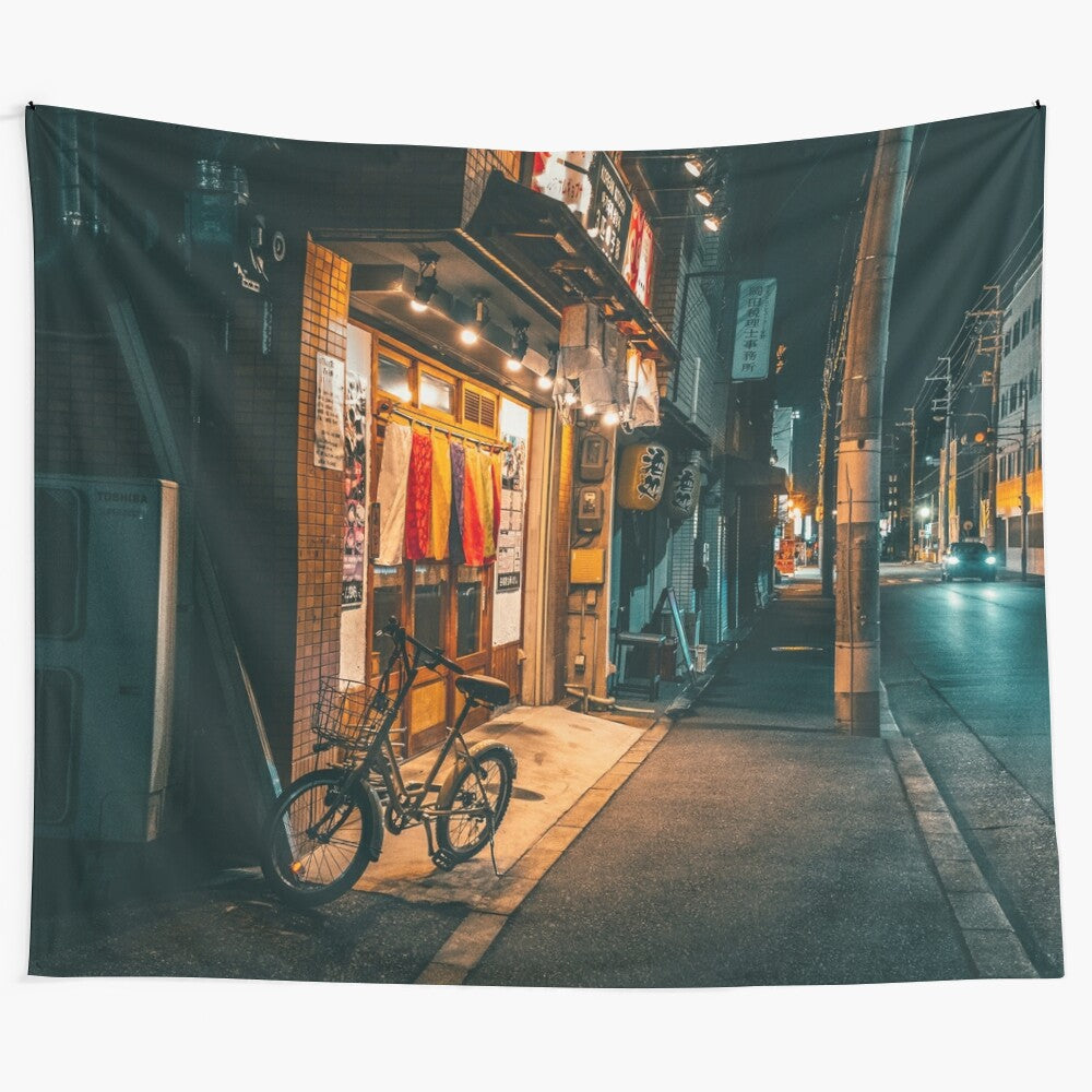 Cozy Vibes of Tokyo Night Tapestry depicting a futuristic, neon-lit street scene