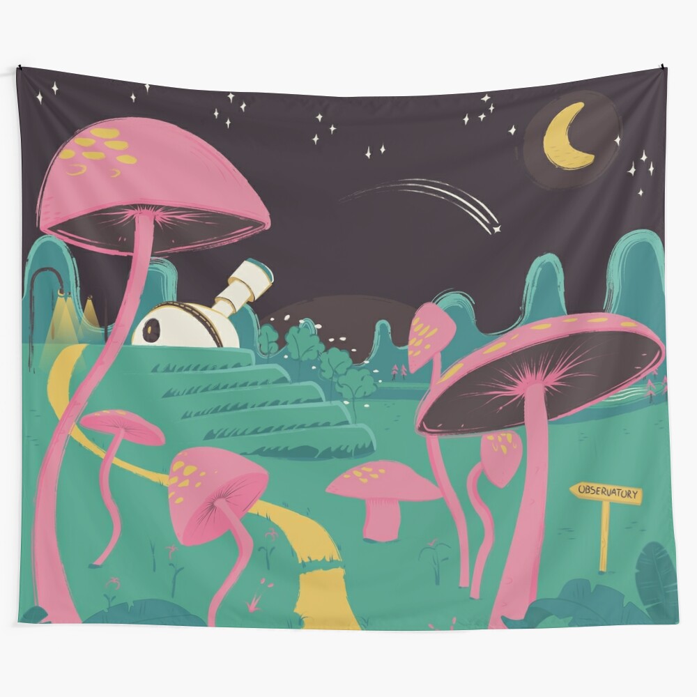 Vibrant tapestry featuring a psychedelic mushroom observatory in a cosmic landscape with stars, moon, and celestial elements.