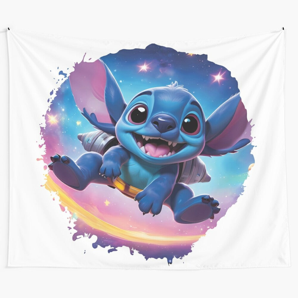 Stitch the alien character from Lilo and Stitch flying a small spaceship through a colorful star-filled galaxy