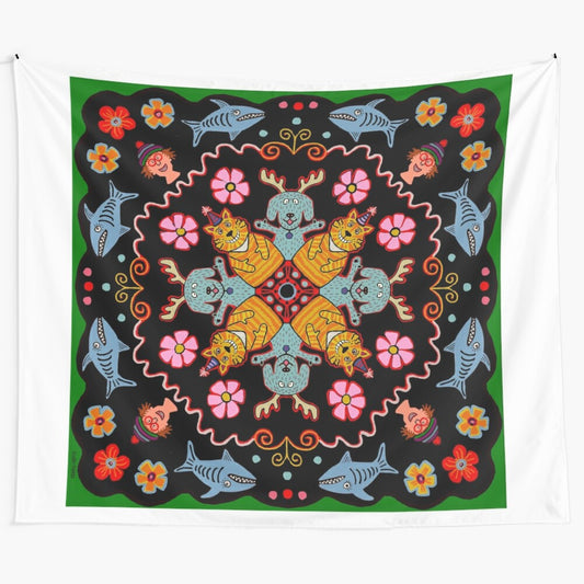 Colorful cat dog mandala tapestry with floral and black background