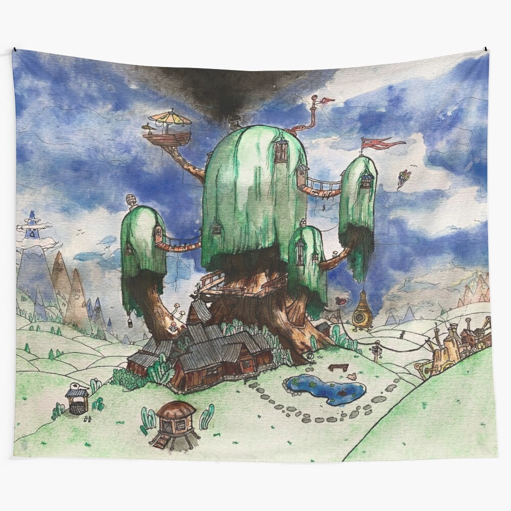 Treehouse tapestry featuring a cozy and whimsical tree house design