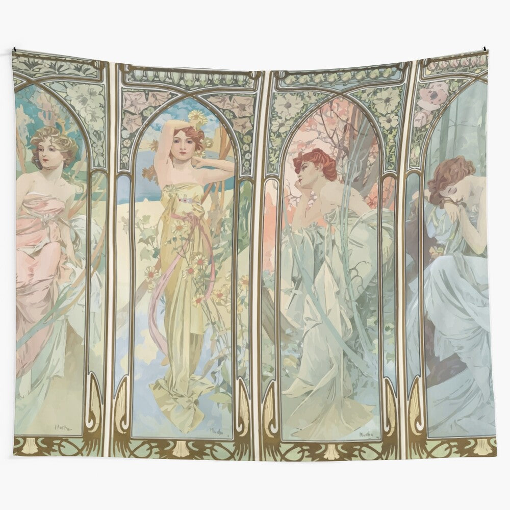 Vintage-inspired Alphonse Mucha-style Times of the Day tapestry wall hanging with floral art nouveau design