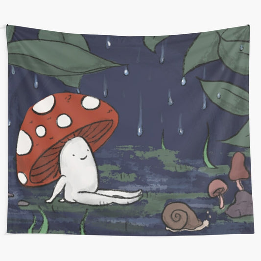 A whimsical tapestry featuring a cute little mushroom man and snail under a rainy sky