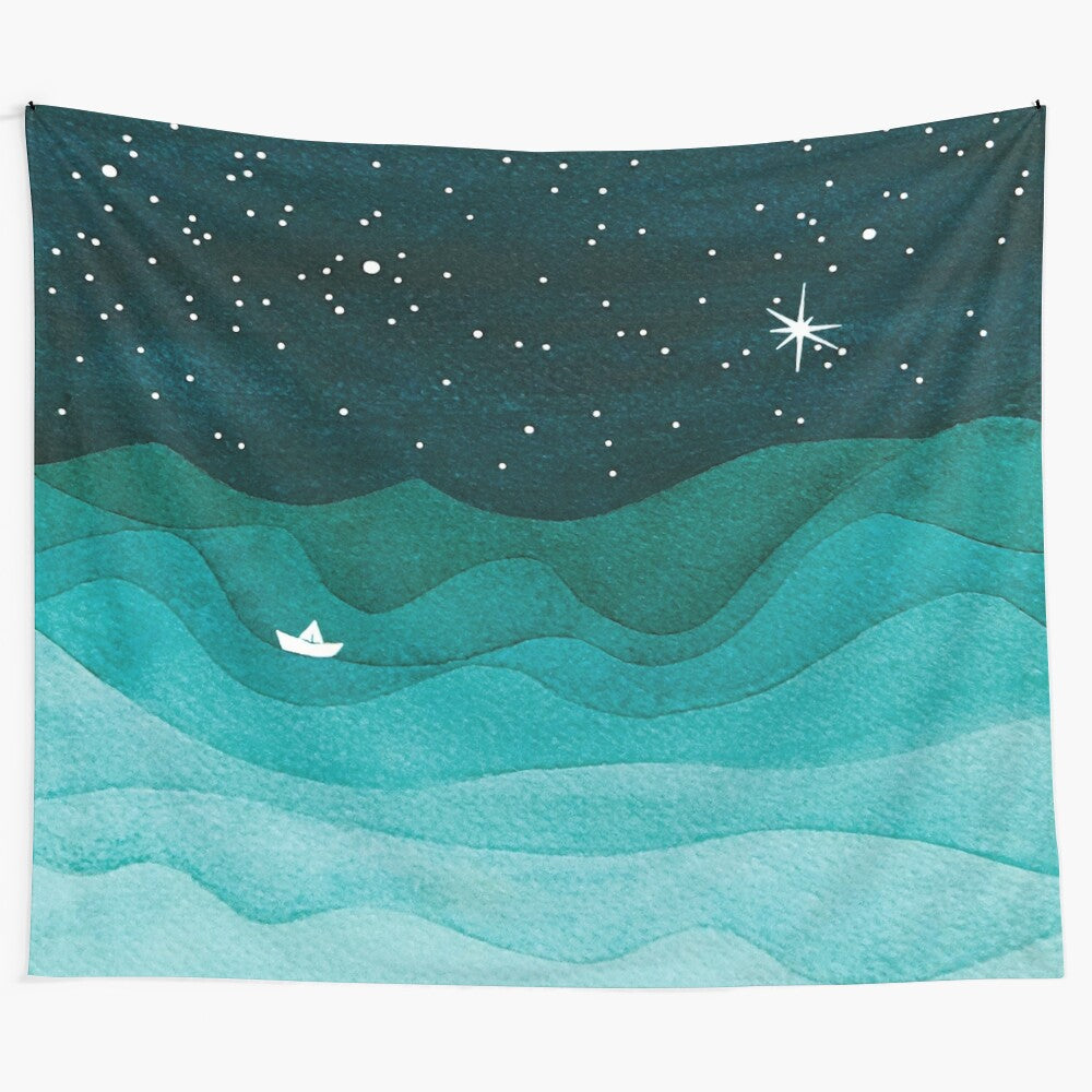 Starry ocean teal sailboat watercolor sea waves night tapestry