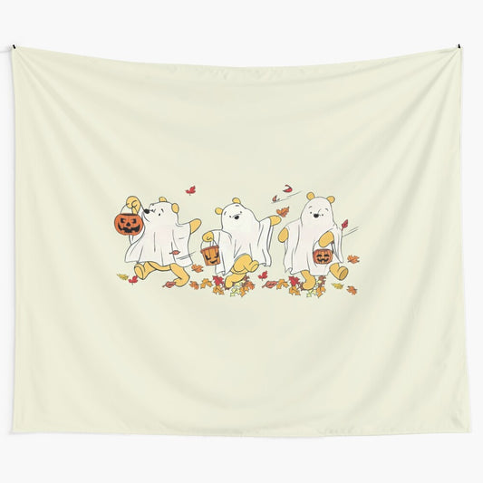 Vintage-style Halloween tapestry featuring a spooky, funny dancing Pooh Bear design