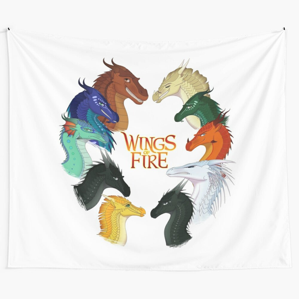 Wings of Fire inspired tapestry featuring clay, tsunami, glory, and other beloved dragon characters