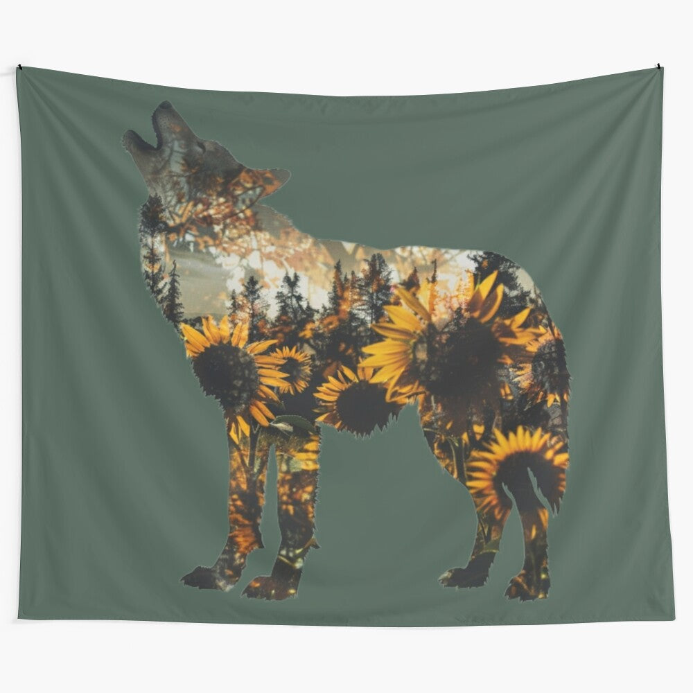 Sunflower and wolf silhouette tapestry wall art