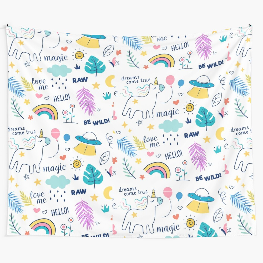 Colorful unicorn tapestry with rainbow background