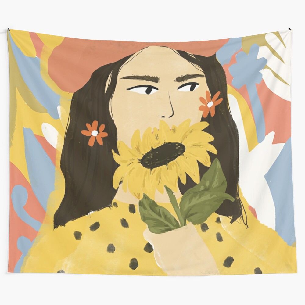 Sunflower portrait tapestry with colorful watercolor floral design