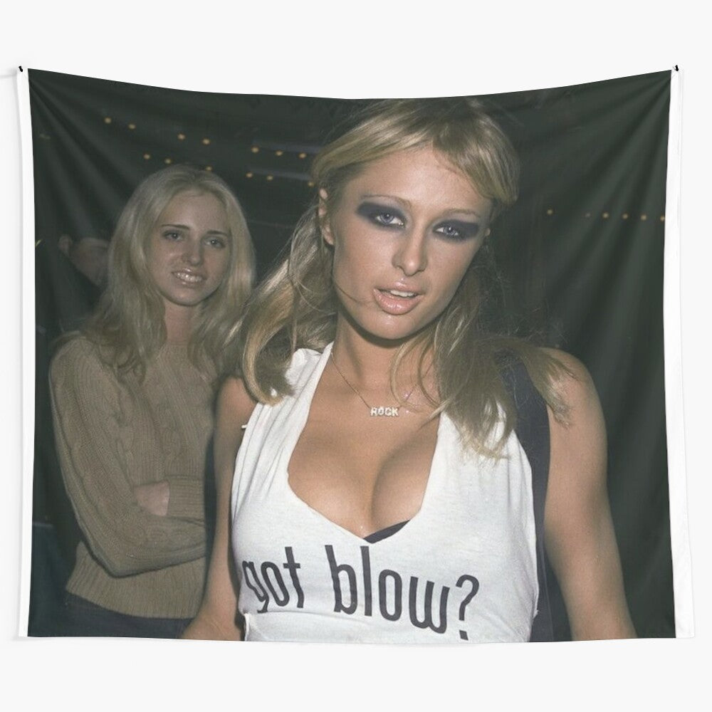 Paris Hilton inspired tapestry featuring a collage of iconic Y2K imagery