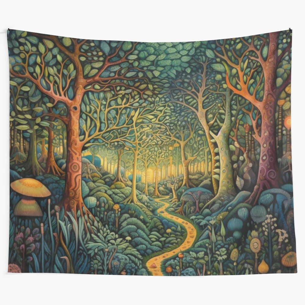 Enchanted forest tapestry featuring a whimsical scene of mushrooms, trees, and flowers