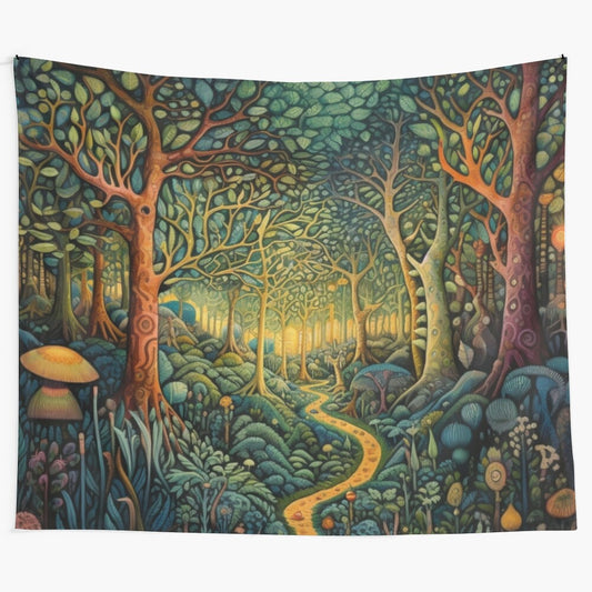 Enchanted forest tapestry featuring a whimsical scene of mushrooms, trees, and flowers