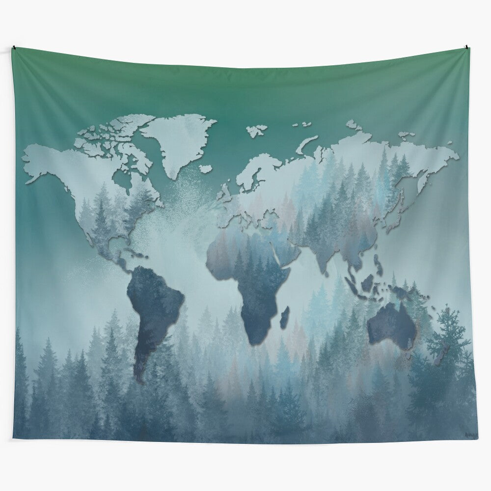 Vibrant world map tapestry with detailed cartography design