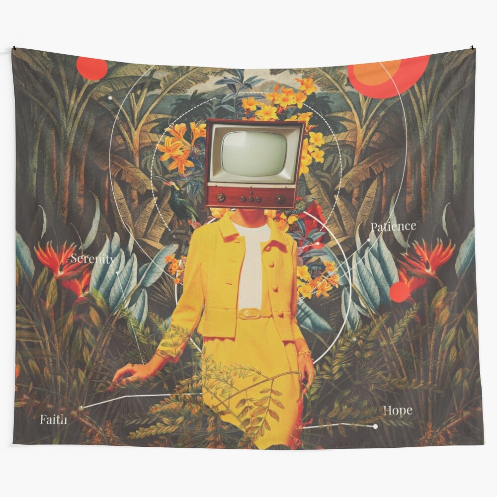 Vintage-style digital collage tapestry featuring a woman in a surreal, nature-inspired landscape