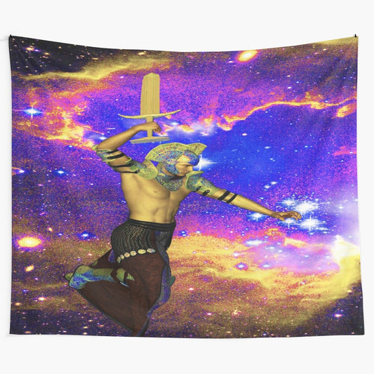 Cosmic star fighter tapestry artwork featuring a futuristic spacecraft in a vibrant space scene