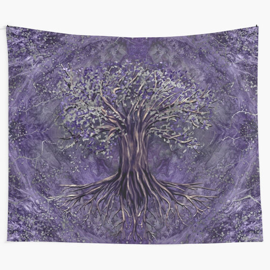 Yggdrasil tree of life tapestry with amethyst and silver accents