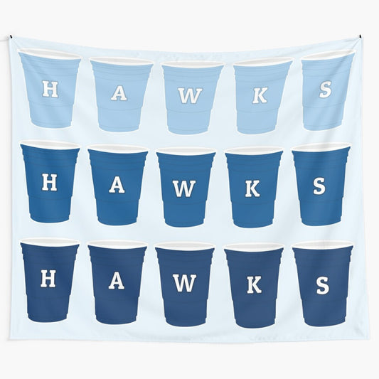 Vibrant tapestry featuring the RWU Hawks logo and solo cups, representing college pride and campus life.