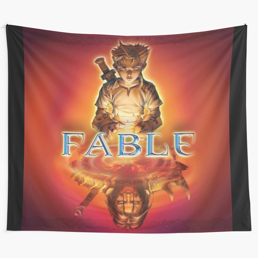 Fable-inspired tapestry featuring iconic characters and scenes from the beloved RPG franchise