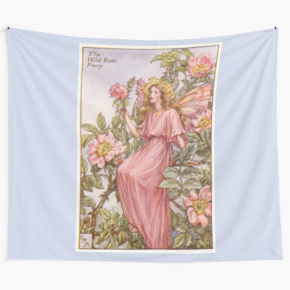 Whimsical fairy art tapestry featuring a pink fairy queen surrounded by pink flowers and leaves