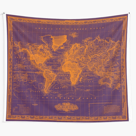 Vintage-style world map wall tapestry featuring an antique cartograph design in shades of purple and orange