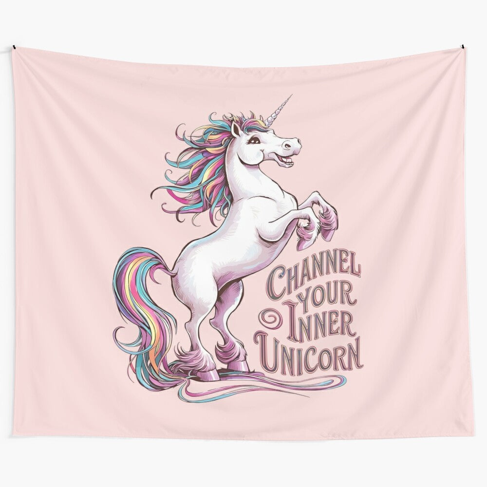 Colorful unicorn tapestry with a magical creature on white background